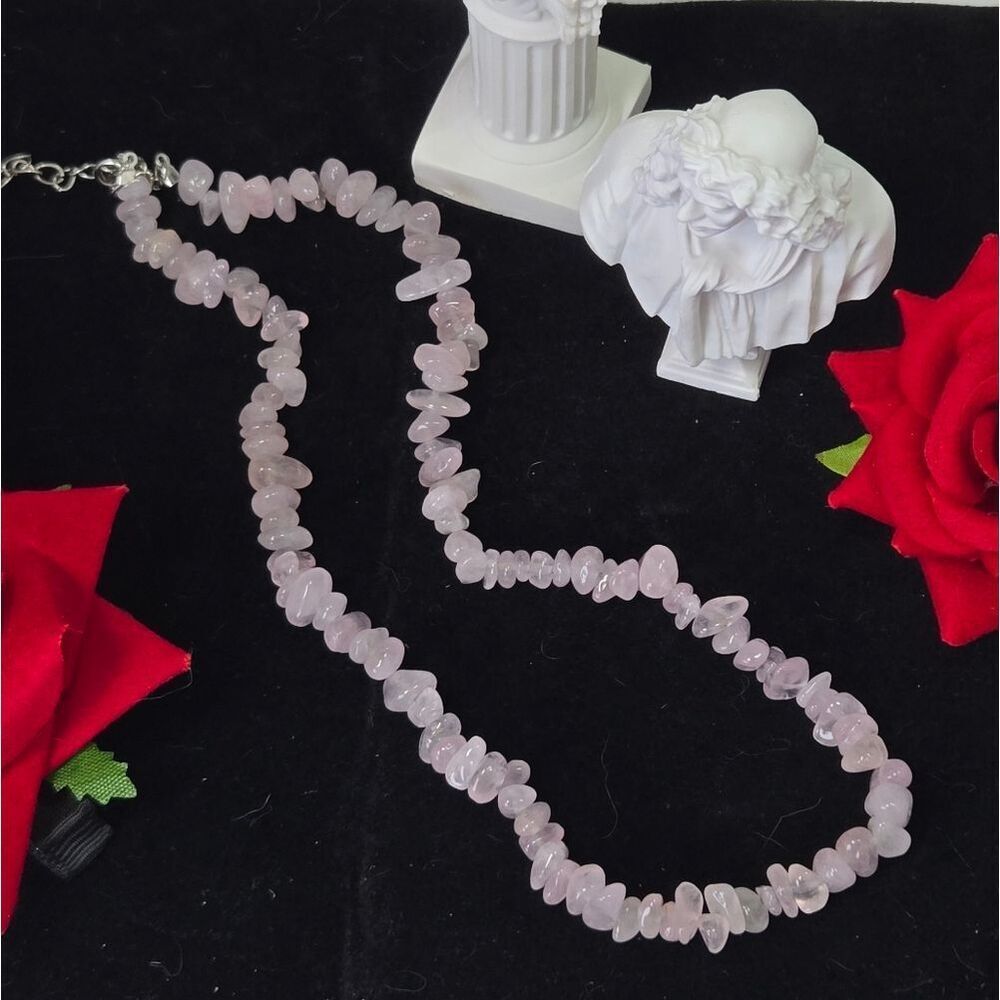 Rose Quartz Crystal Chip Necklace Pink Love Stone Boho Beaded Romantic Minimal